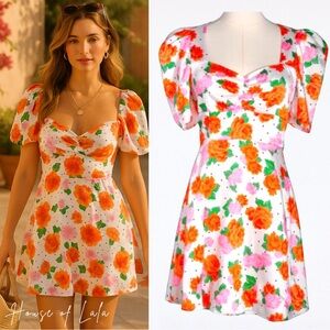 Zara Floral Print Summer Dress. Puff Sleeve Sweetheart Mini Dress Size Small